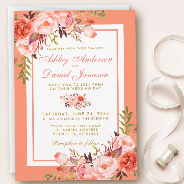Elegant Coral Floral and Gold Wedding Invitation (Customize to change text size, color, style or color of back of card.)