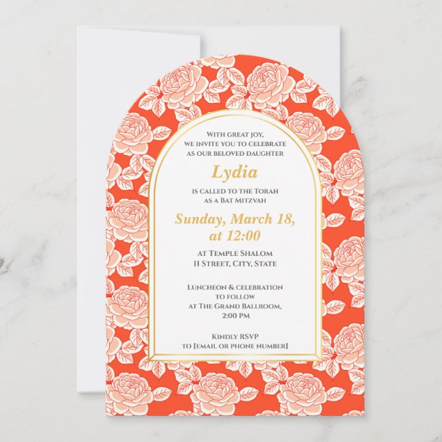 Elegant Coral Floral Bat Mitzvah Invitation (Front)