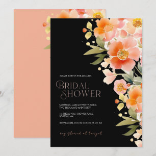 Elegant Coral Floral Black Bridal Shower Invitation