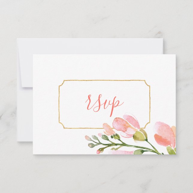 Elegant Coral Floral Gold Geometric RSVP (Front)