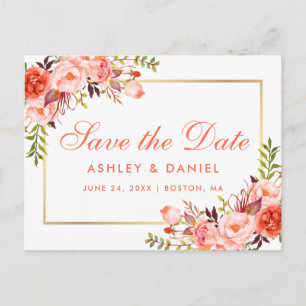 Elegant Coral Floral Gold Save the Date Announcement Postcard
