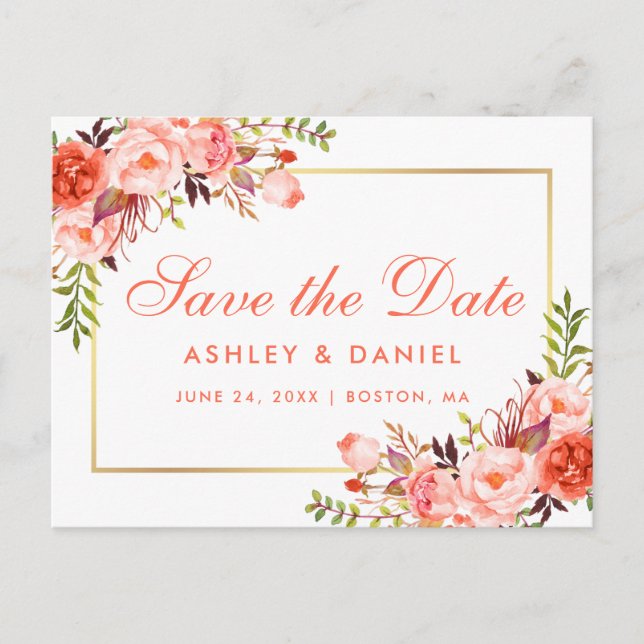 Elegant Coral Floral Gold Save the Date Announcement Postcard (Front)