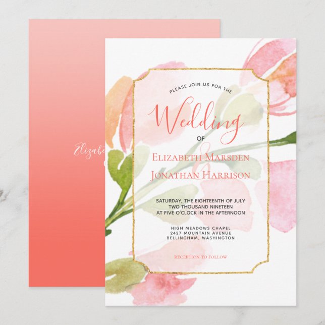 Elegant Coral Floral Ombre Gold Geometric Wedding Invitation (Front/Back)