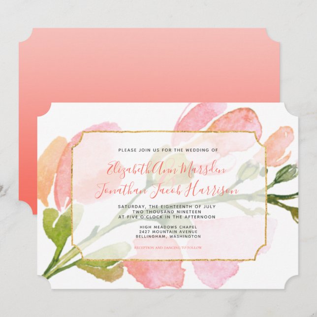 Elegant Coral Floral Ombre Gold Geometric Wedding Invitation (Front/Back)