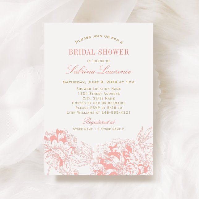 Elegant Coral Floral Peony Wedding Bridal Shower Invitation (Creator Uploaded)