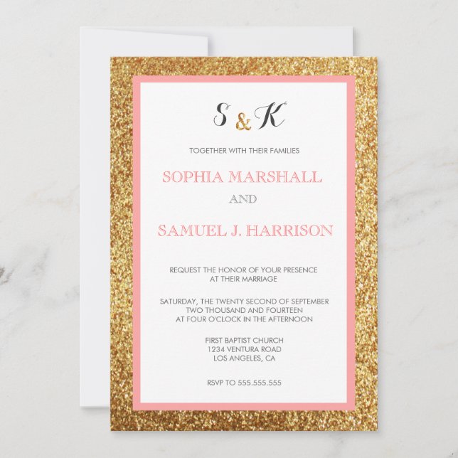 Elegant Coral Glitter Gold Wedding Invitation (Front)