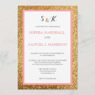 Elegant Coral Glitter Gold Wedding Invitation