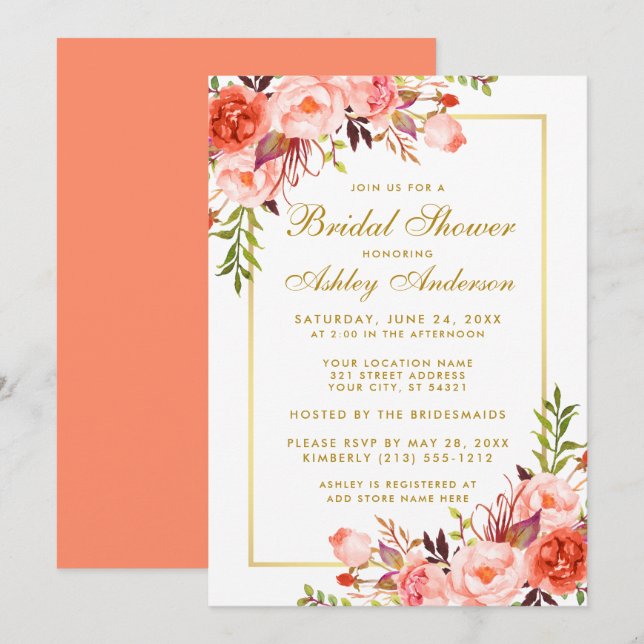 Elegant Coral Gold Floral Bridal Shower Invitation (Front/Back)