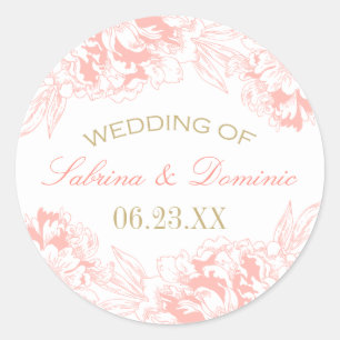 Elegant Coral Gold Floral Peony Wedding Monogram Classic Round Sticker