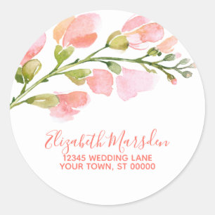 Elegant Coral Gold Floral Script Return Address Classic Round Sticker