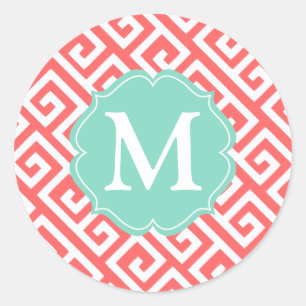 Elegant Coral Greek Key Personalised Classic Round Sticker