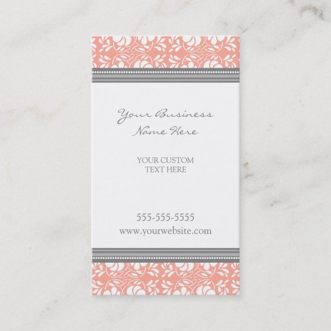 Elegant Coral Grey Damask Business Cards (Front)
