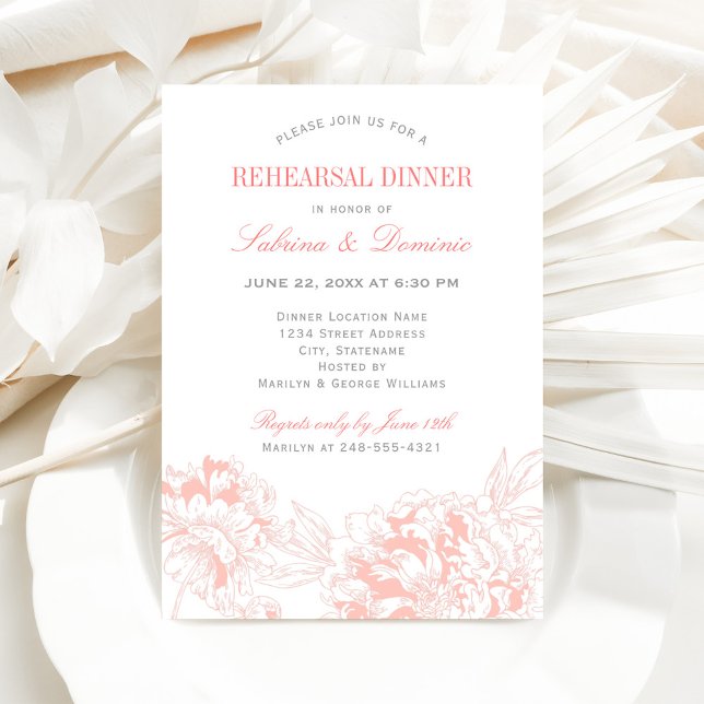 Elegant Coral Grey Floral Peony Rehearsal Dinner Invitation (Creator Uploaded)