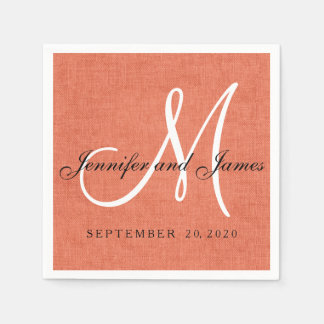 Elegant Coral Linen Monogram Wedding Paper Napkins