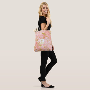 Elegant Coral Marble Monogram Faux Gold Glitter Tote Bag