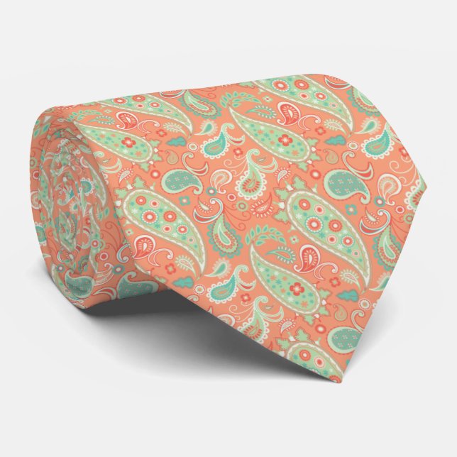 Elegant Coral & Mint Green Floral Paisley Tie (Rolled)