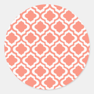 Elegant Coral Moroccan Trellis Quatrefoil Clover Classic Round Sticker
