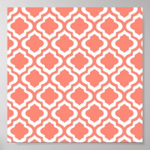 Elegant Coral Moroccan Trellis Quatrefoil Clover Poster