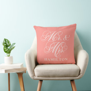 Elegant Coral Mr and Mrs Script Wedding Cushion