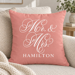 Elegant Coral Mr and Mrs Script Wedding Cushion