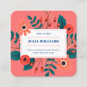 Elegant coral navy blue floral boho flower bouquet square business card
