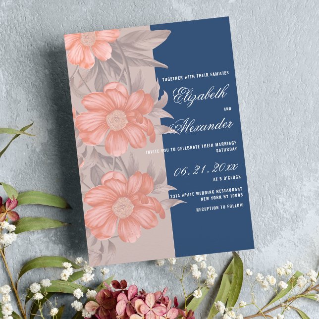 Elegant coral navy blue soft grey floral wedding invitation (Elegant coral navy blue soft gray floral wedding)