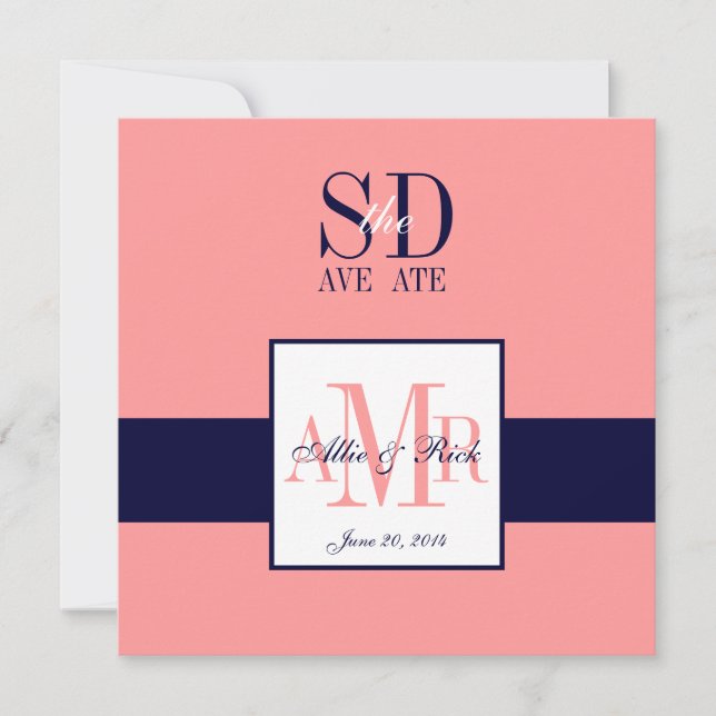 Elegant Coral Navy Save the Date Announcement (Front)