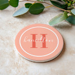 Elegant Coral Orange Custom Monogram Initial Coaster<br><div class="desc">Elegant round personalised beverage drink coaster design features a classic custom serif monogram initial in red orange with your last name in modern white calligraphy script against a coral / peachy pink background. A simple white circle frames the design. Colour scheme can be customised to coordinate perfectly with your home...</div>