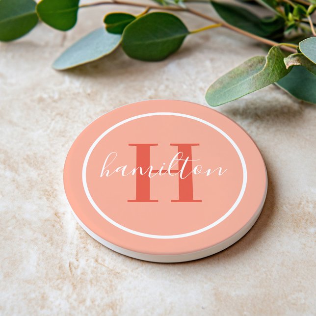 Elegant Coral Orange Round Monogram Script Coaster (Creator Uploaded)