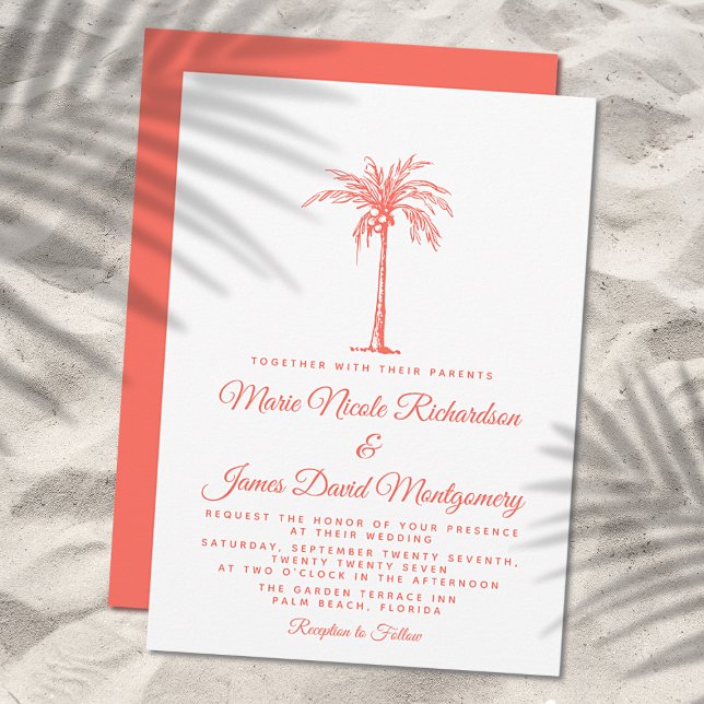 Elegant Coral Palm Tree Formal Beach Wedding Invitation (Creator Uploaded)