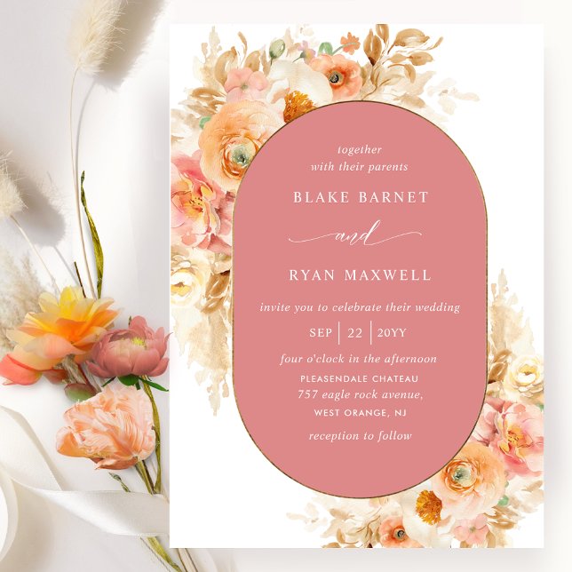 Elegant Coral, Peach Blush and Cream Oval Wedding Invitation (Creator Uploaded)
