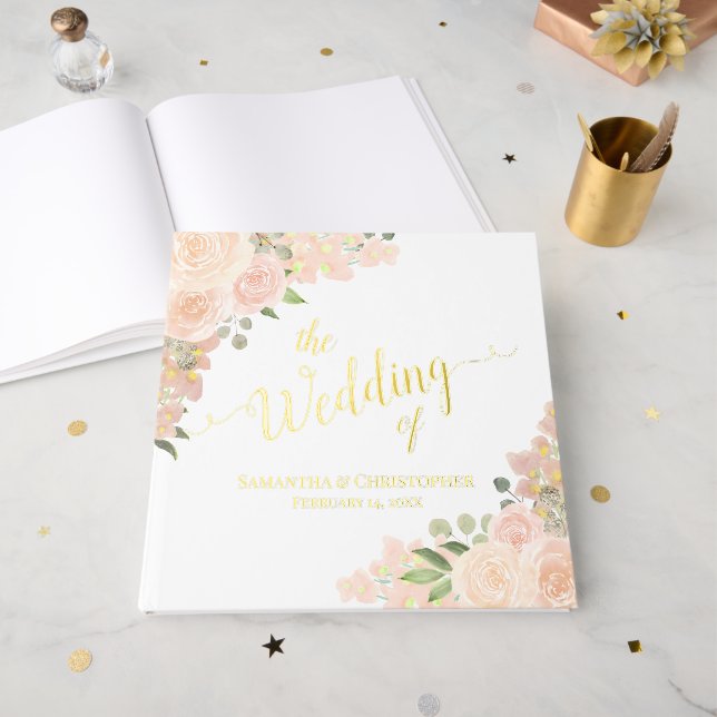 Elegant Coral Peach Boho Floral Foil Wedding Guest Book (Front Open)