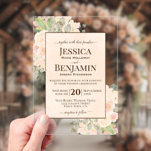 Elegant Coral Peach Floral Stylish Text Wedding Acrylic Invitations