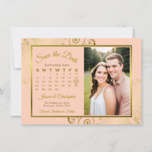 Elegant Coral Peach & Gold Calendar Photo Wedding Save The Date