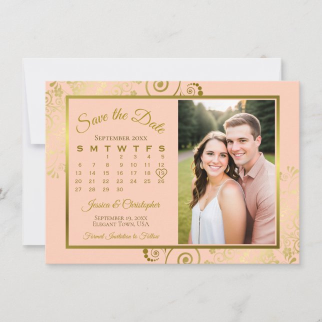 Elegant Coral Peach & Gold Calendar Photo Wedding Save The Date (Front)