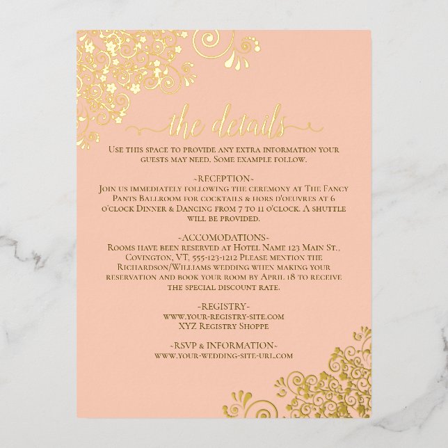 Elegant Coral Peach Gold Foil Wedding Details Card (Front)