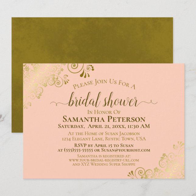 Elegant Coral Peach Gold Lace Frills Bridal Shower Invitation (Front/Back)