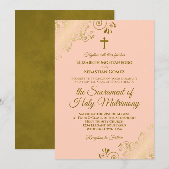 Elegant Coral Peach & Gold Modern Catholic Wedding Invitation (Front/Back)