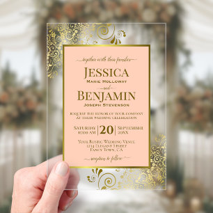 Elegant Coral Peach & Gold Stylish Text Wedding Acrylic Invitations