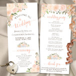 Elegant Coral Peach Watercolor Floral Wedding Programme<br><div class="desc">This beautiful wedding program features an elegant floral boho chic design with hand painted roses and blossoms in shades of coral, peach, and light orange, surrounded by delicate sprigs of eucalyptus leaves and garden greenery. The titles are written in fancy script calligraphy, and there is space for your ceremony and...</div>