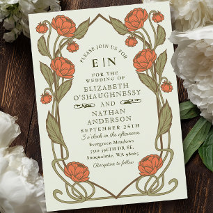 Elegant Coral Peony Art Nouveau Floral Wedding Invitation