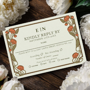 Elegant Coral Peony Art Nouveau Floral Wedding RSVP Card