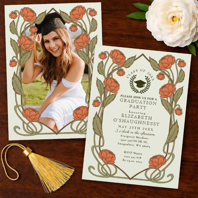 Elegant Coral Peony Art Nouveau Graduation Party Invitation (Creator Uploaded)