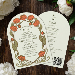 Elegant Coral Peony Art Nouveau Wedding Arch QR  Invitation