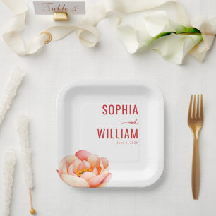 Elegant Coral Peony Floral Paper Plate