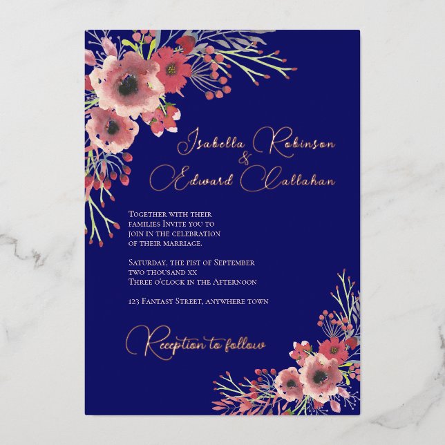 Elegant Coral Peony Floral Wreath Navy Wedding (Front)