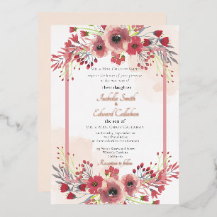 Elegant Coral Peony Floral Wreath Wedding Foil Inv