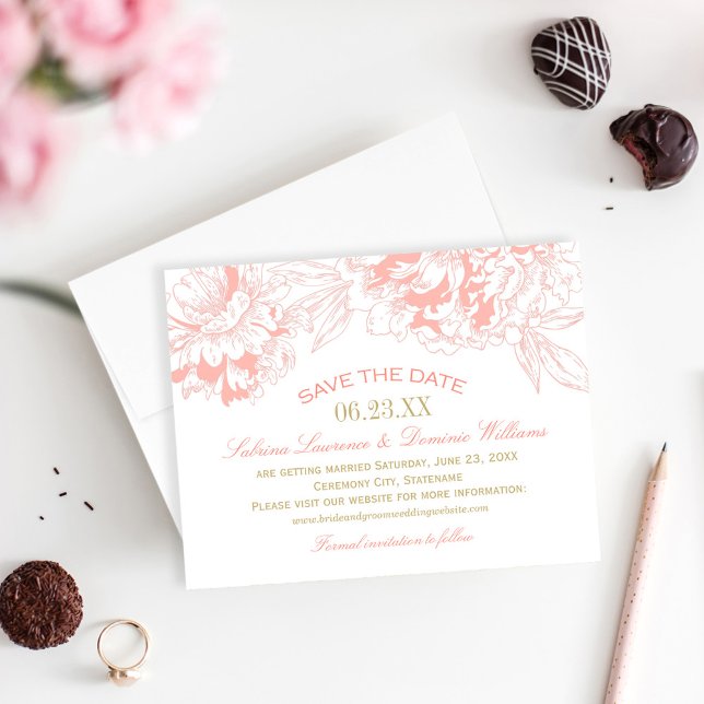 Elegant Coral Peony Sketch Wedding Save The Date (Creator Uploaded)