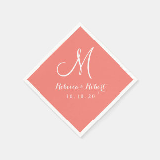 Elegant Coral Pink and White Monogram Paper Napkin