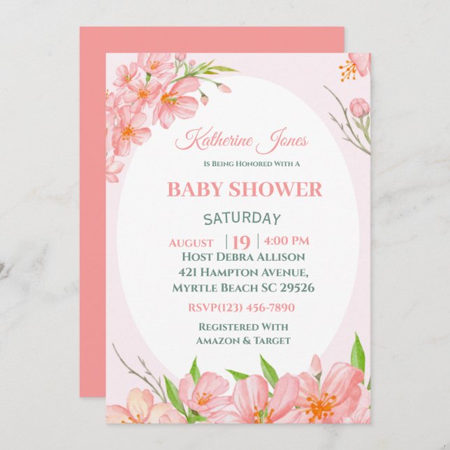Elegant Coral Pink Floral Baby Shower Invitation (Front/Back)